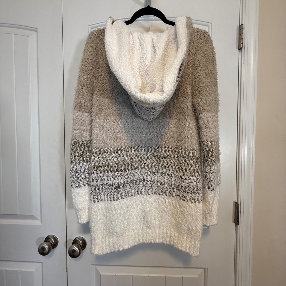 Est 1946 Women XL Tan Cream Colorblock Hooded Eyelash Knit Cardigan Sweater EUC - Picture 3 of 8